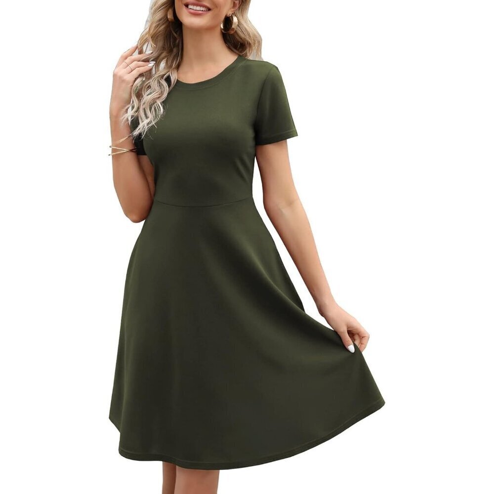 Women's Army Green Elegant Knee Length Vintage A-Line Swing Dress with Pockets